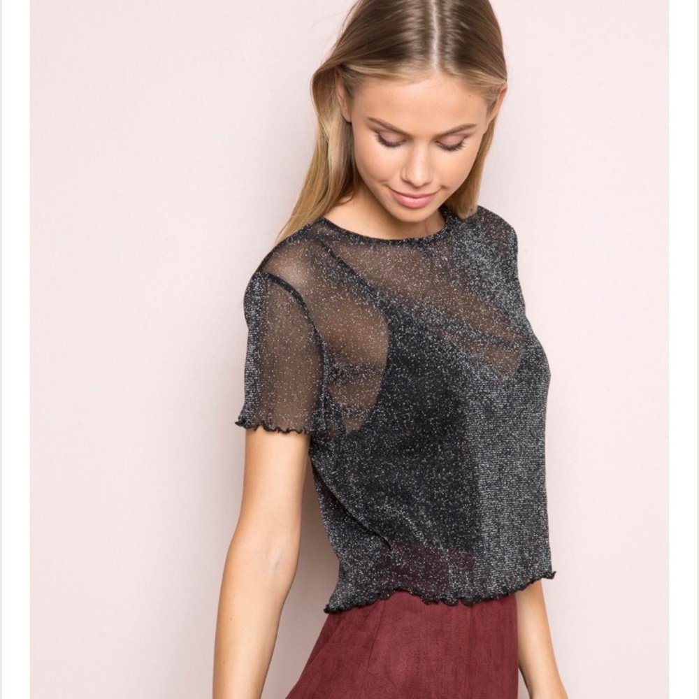 Brandy Melville Porter Sheer Glitter Top Black Scalloped Lettuce Hem